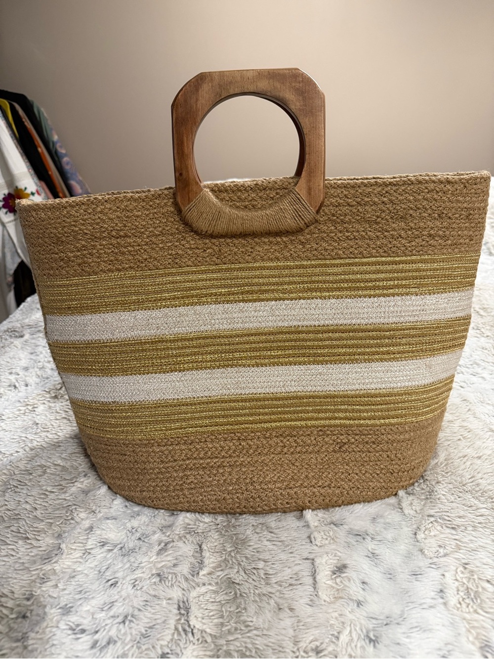 Antik Kraft Striped Woven Tote with Wooden Handles - Tan, White & Gold